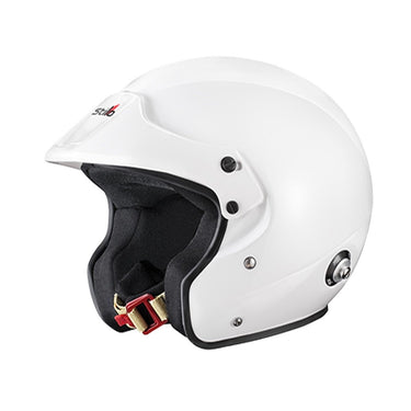 A white STILO SA2020 VENTI SPORT JET Composite Helmet with a peak and visor, designed for open-faced rally helmets, featuring a Snell SA2020 and FIA 8858 homologation sticker.